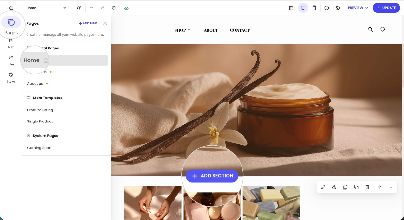 Pages tab in Website Builder with a selected page displaying the Add Section button