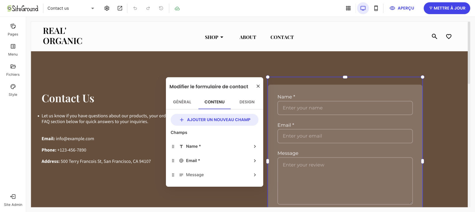 Fenêtre Modifier le formulaire de contact sur l'onglet Contenu, avec le bouton Ajouter un nouveau champ et les champs par défaut Nom, E-mail et Message.