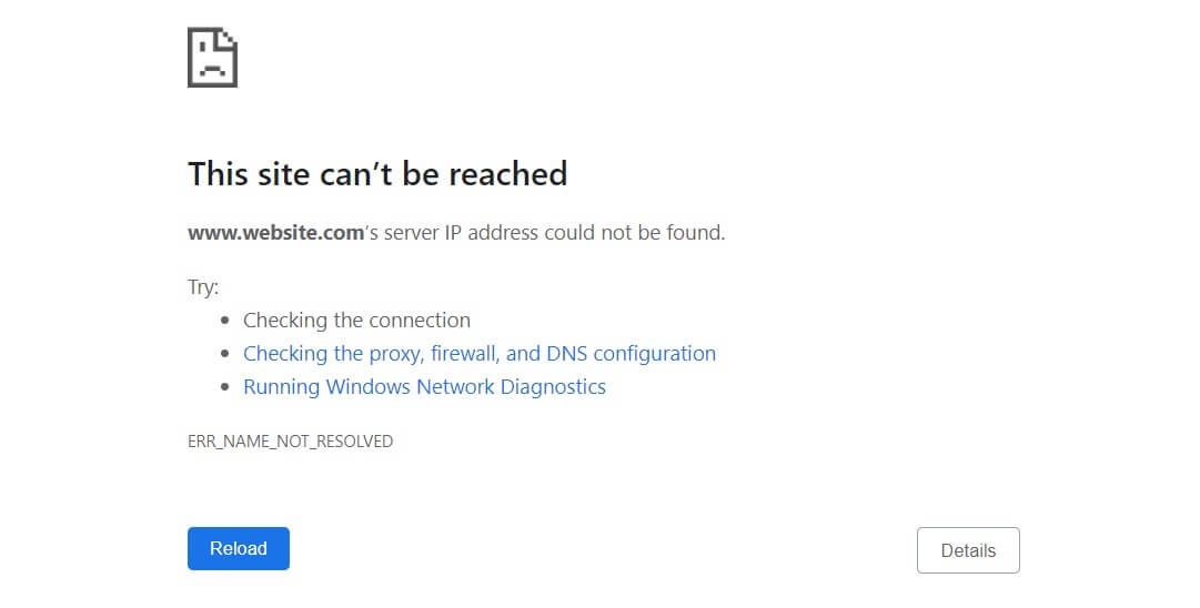Une capture d'écran de Microsoft Edge affichant une erreur ERR_NAME_NOT_RESOLVED.