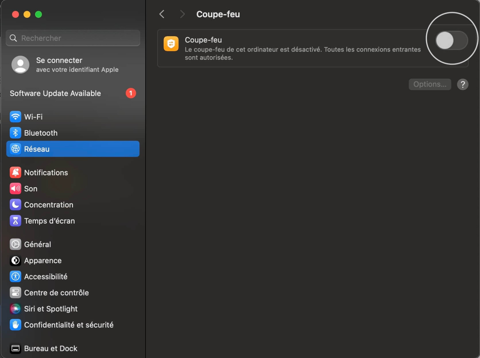 Une capture d'écran de la page des paramètres réseau de MacOS où vous pouvez désactiver le pare-feu.