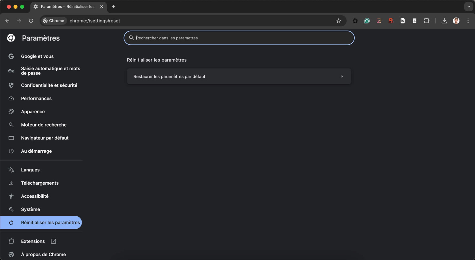 Une capture d'écran de la page de réinitialisation par défaut de Google Chrome.