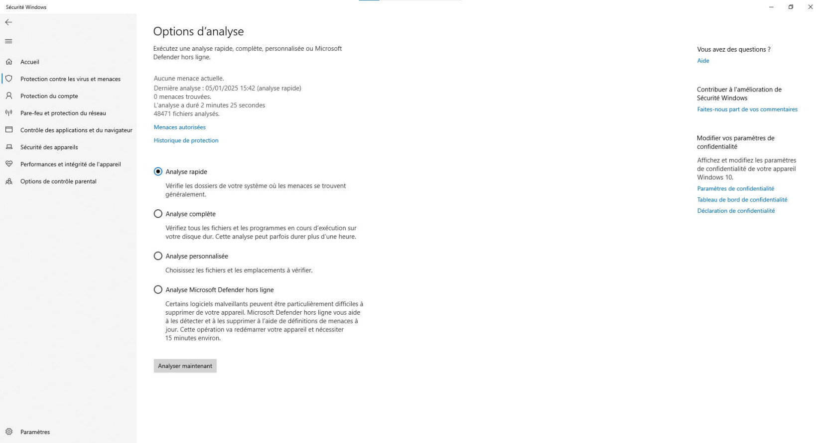 Une capture d'écran de la page des paramètres de sécurité de Windows, où vous pouvez exécuter une analyse anti-malware sur votre appareil.