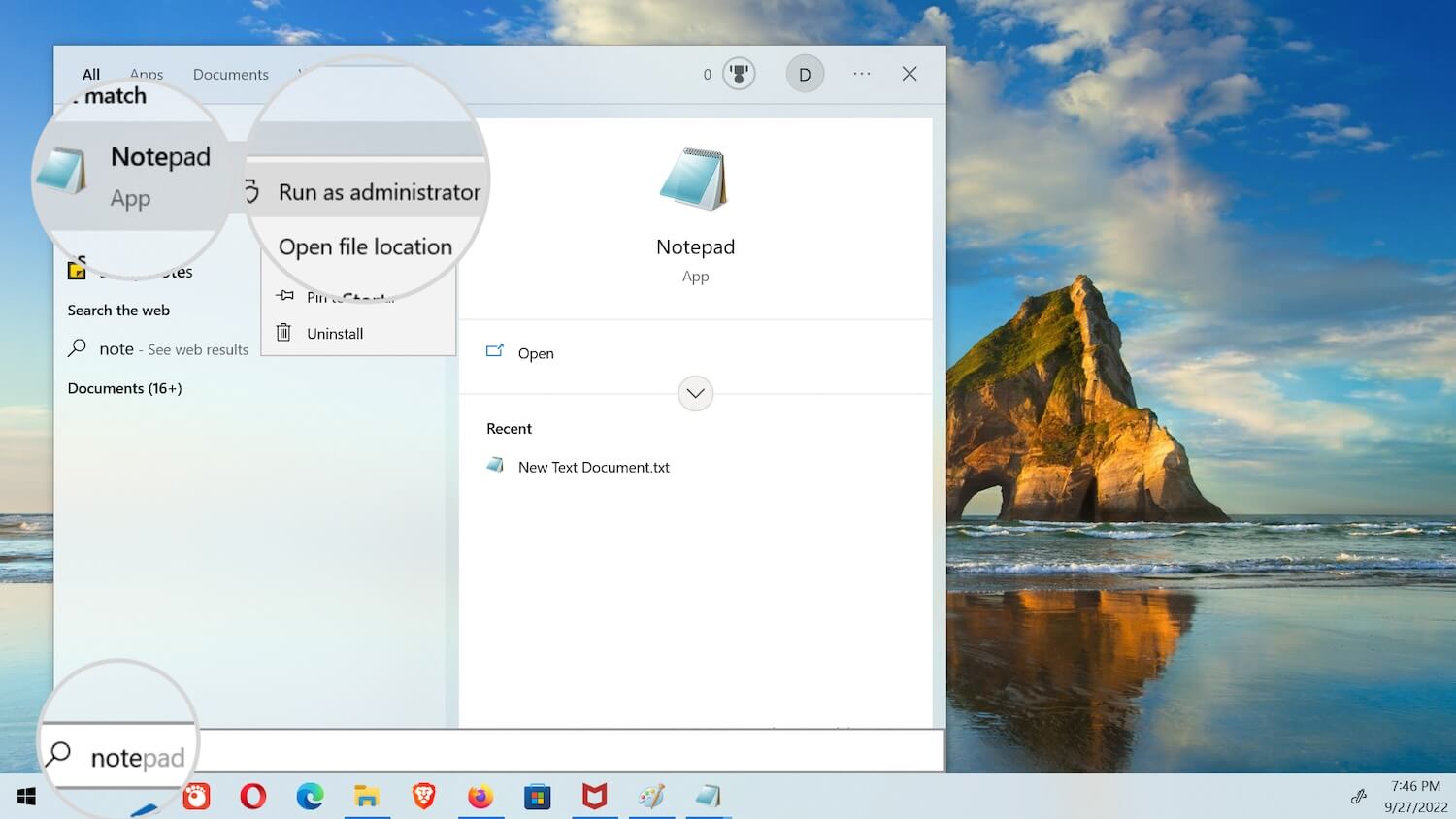 Une capture d’écran du menu Démarrer de Windows exécutant le Bloc-notes en mode administrateur.