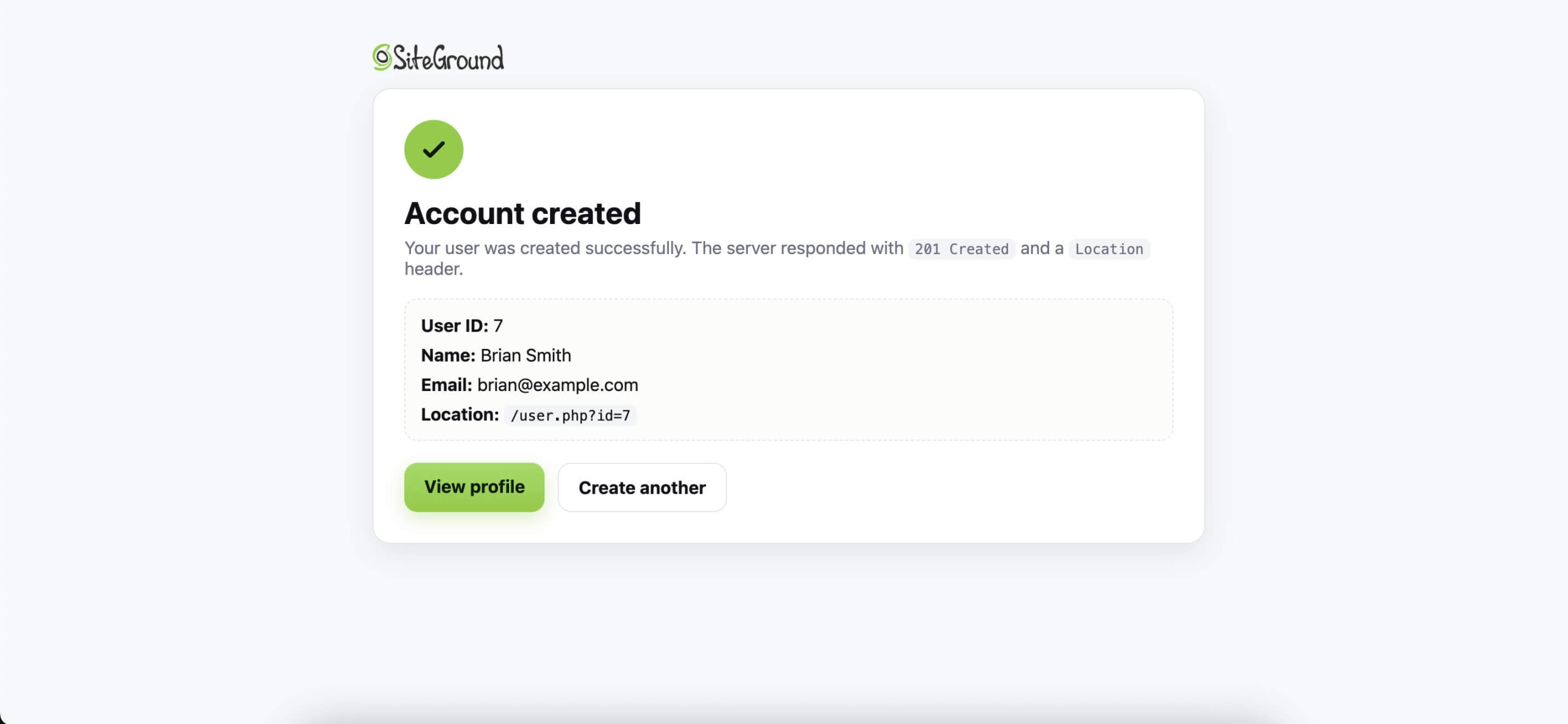 Message de confirmation affichant « Compte créé » avec un identifiant utilisateur, un nom et l’en-tête Location, démontrant une réponse 201 Created réussie du serveur.