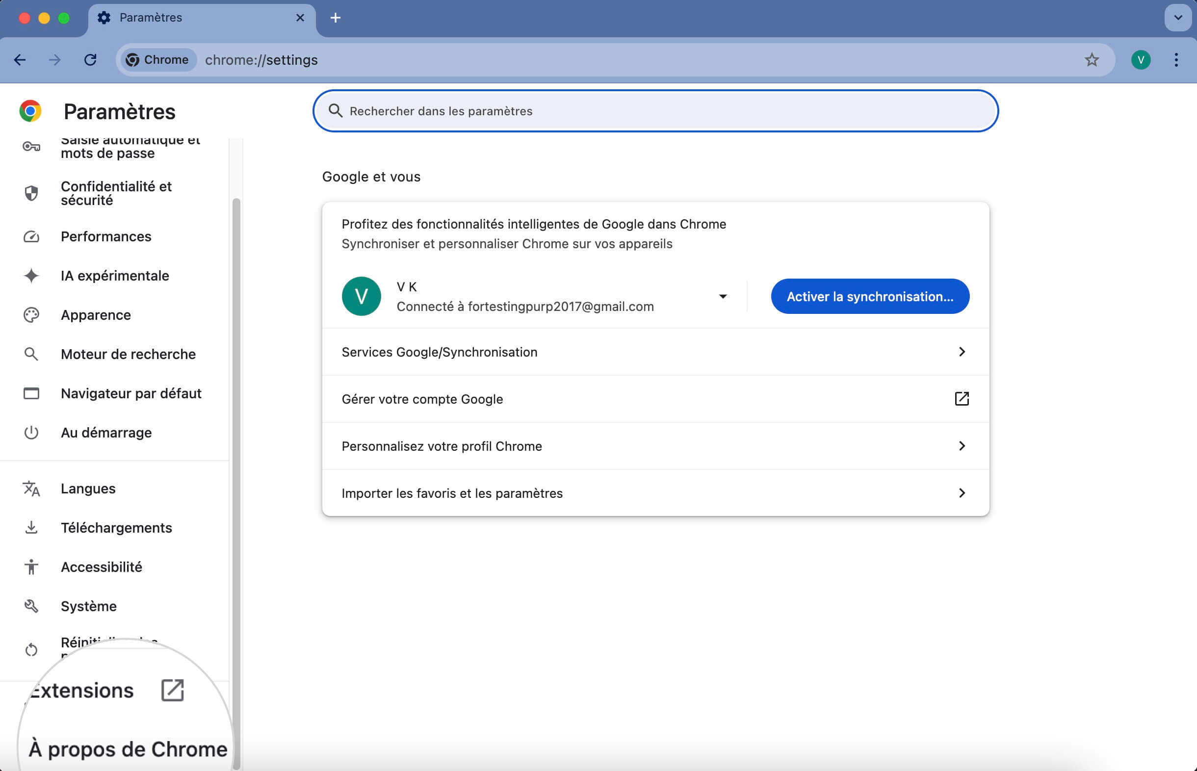 Page À propos de Google Chrome affichant les détails de la version pour vérifier si Chrome est à jour.
