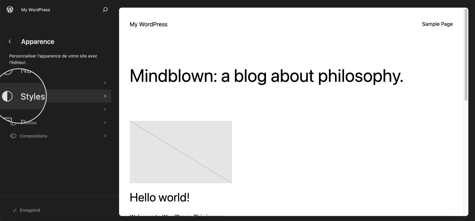 Capture d'écran montrant comment accéder à la section Styles dans l'éditeur de site WordPress