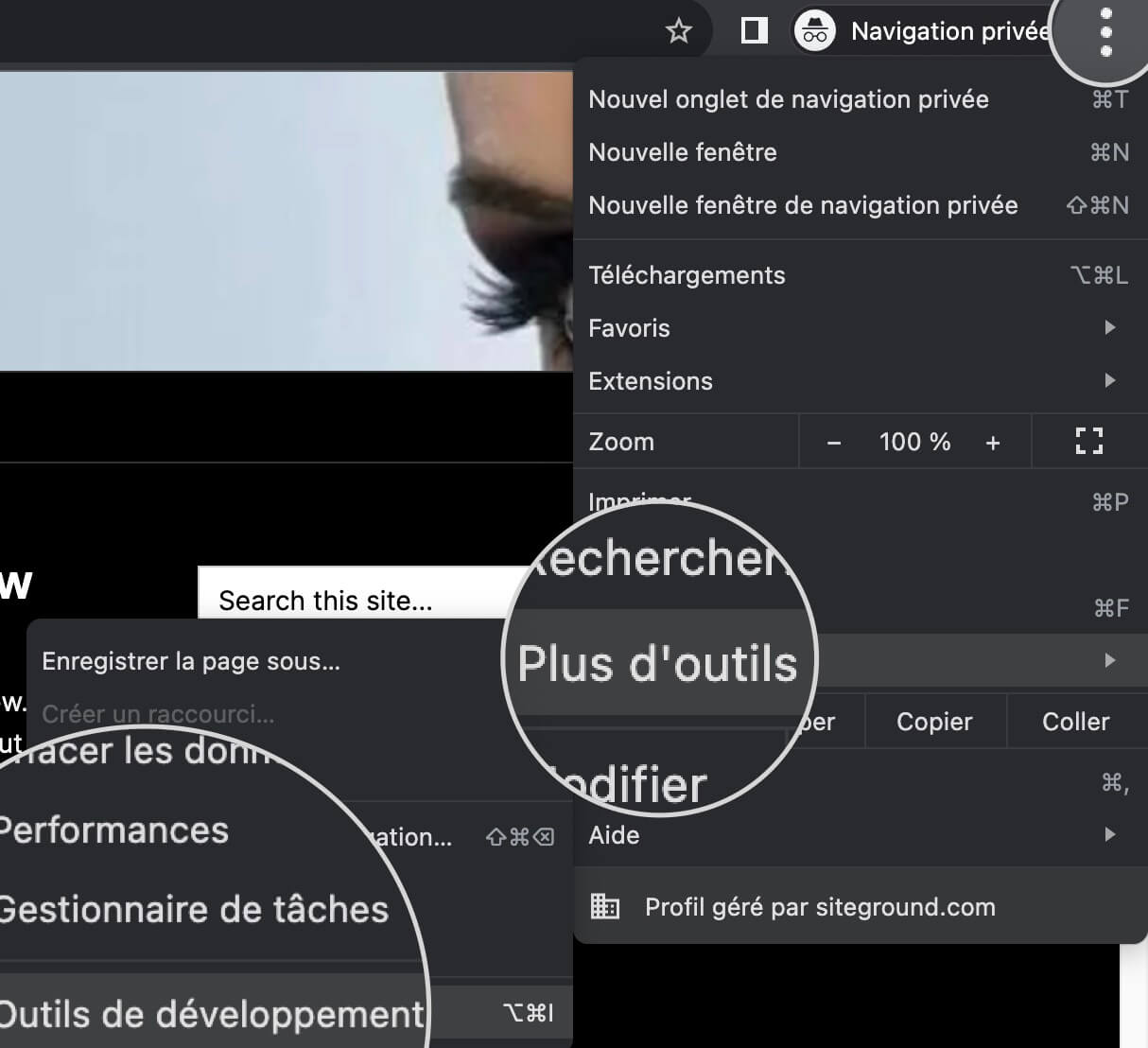 Capture d'écran montrant comment accéder aux outils de développement de Chrome