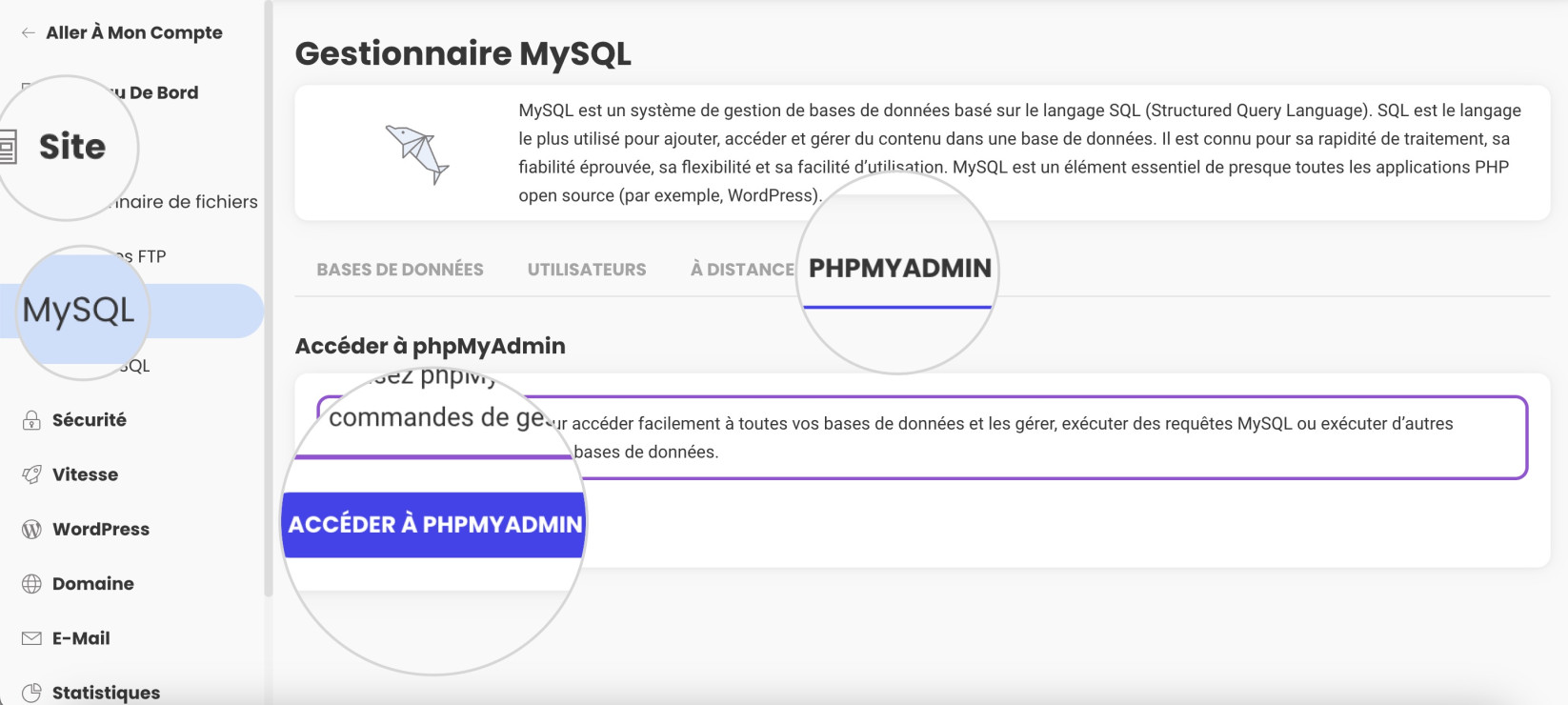 Capture d'écran montrant comment accéder à PHPMyAdmin depuis votre gestionnaire MySQL des outils du site