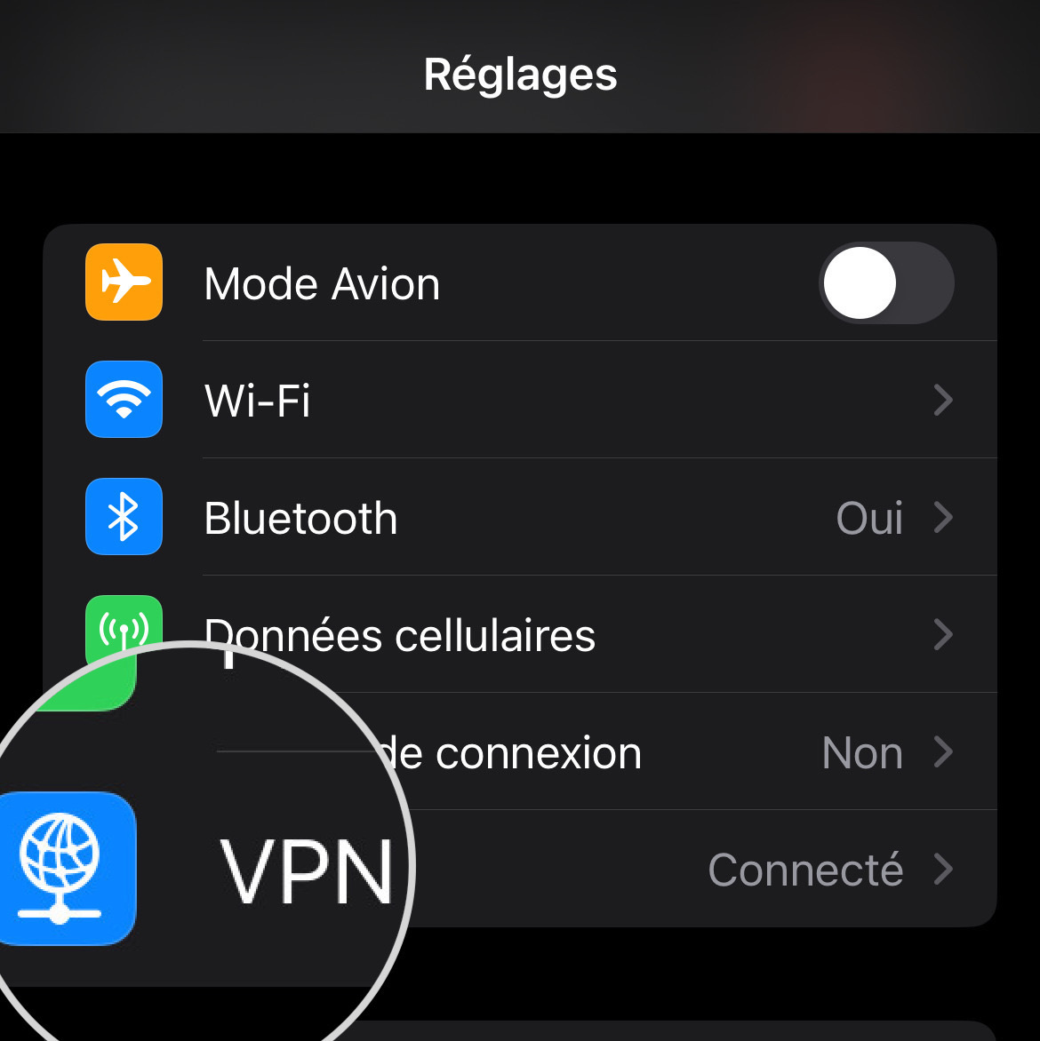 Capture d'écran de l'option VPN dans les paramètres généraux de l'iPhone