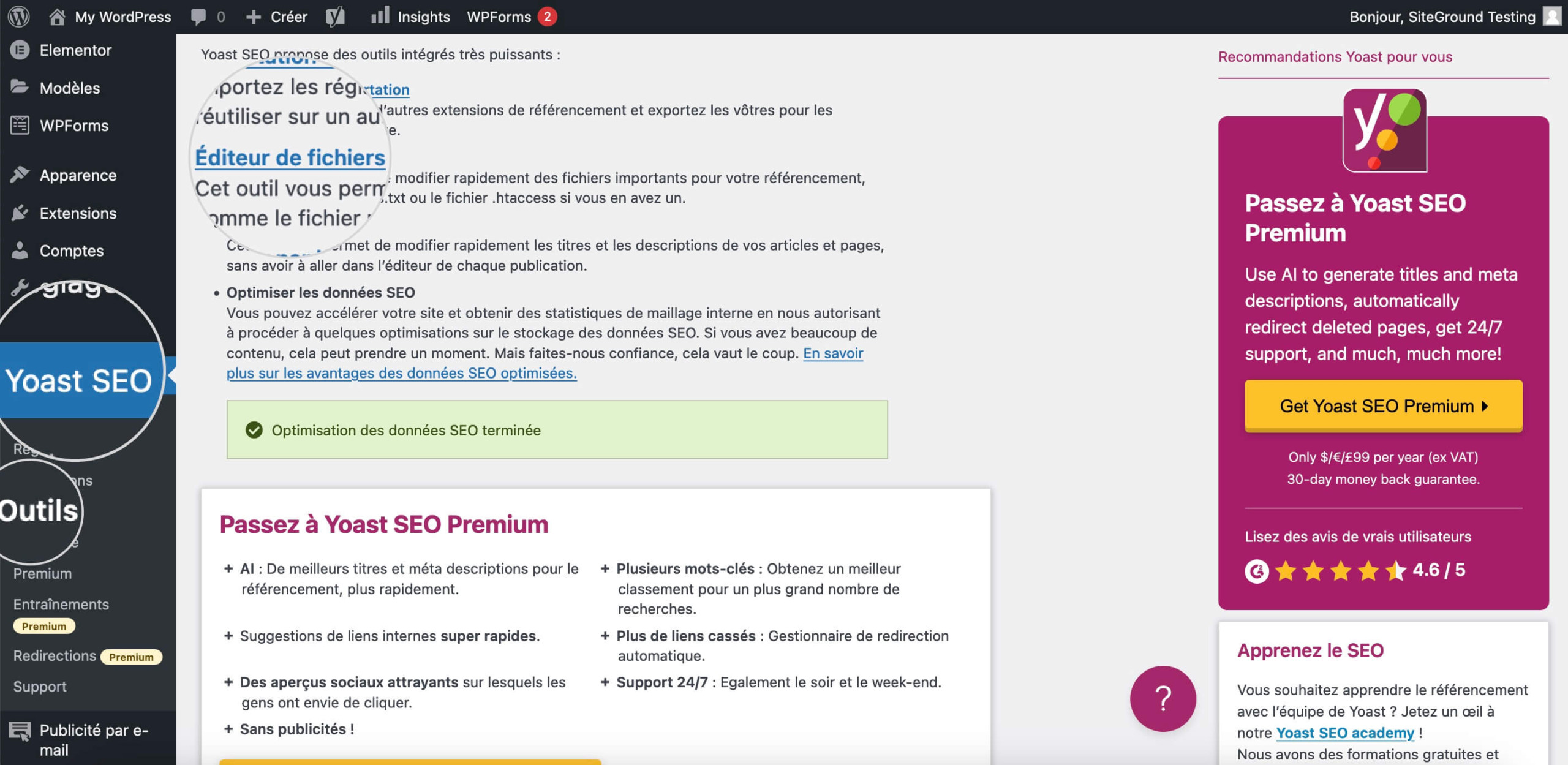 Accédez à l'éditeur de fichiers Yoast SEO pour créer un fichier robots.txt dans le tableau de bord WordPress.
