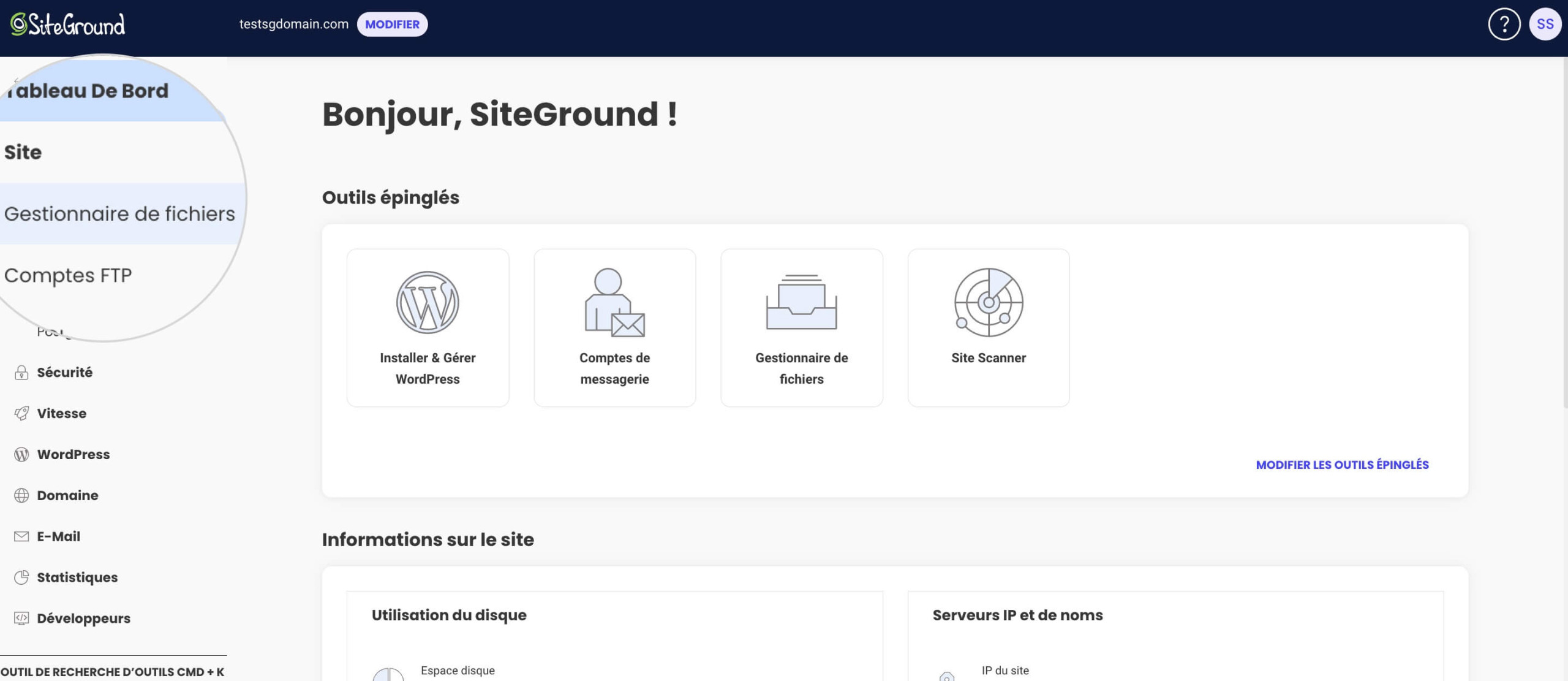 Capture d'écran montrant comment accéder au gestionnaire de fichiers dans les outils du site pour autoriser le téléchargement de fichiers SVG