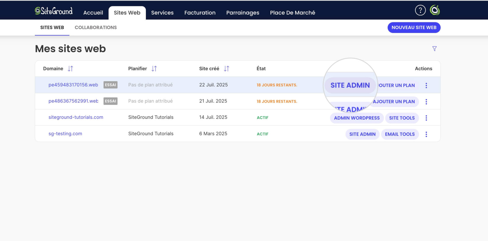 Bouton Site Admin pour accéder à un site Ecommerce depuis la section Website de l'Espace Client de SiteGround