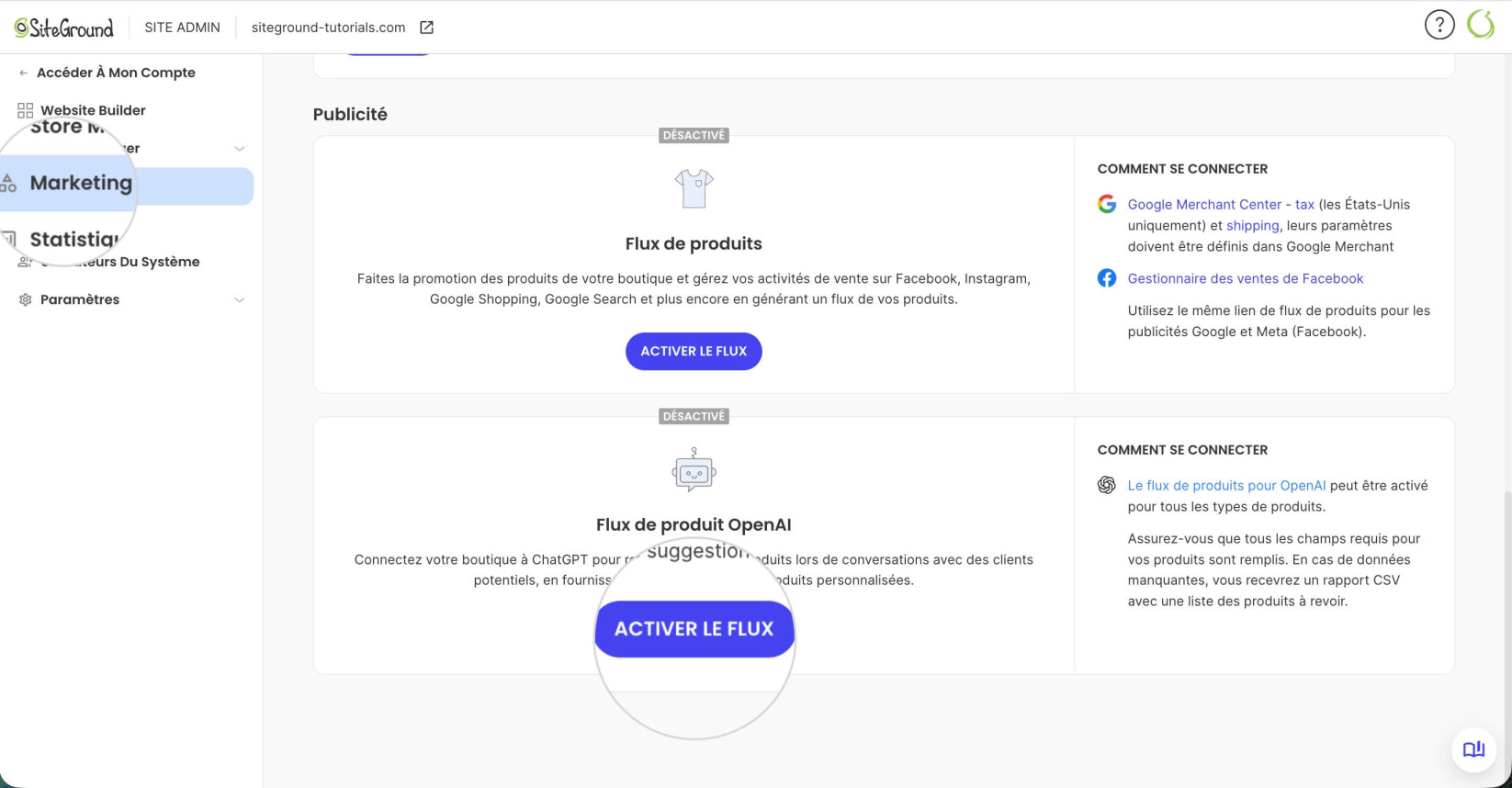 Section Marketing dans le panneau Site Admin d'un site Ecommerce avec un bouton Activer le flux mis en évidence pour le Flux de produit OpenAI