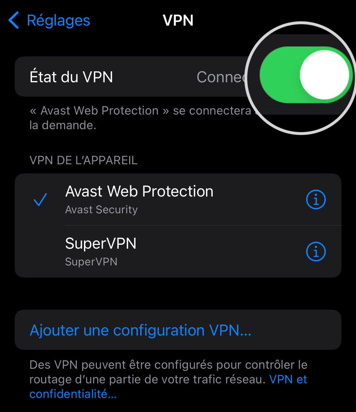 Capture d'écran des réseaux VPN disponibles pour iPhone