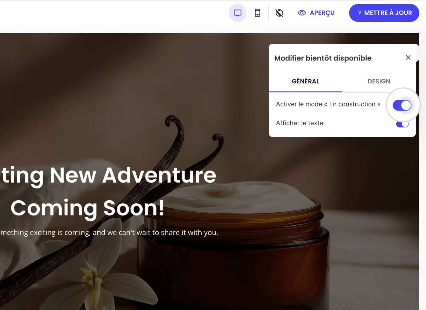 Bouton Activer le mode « En construction » dans Website Builder