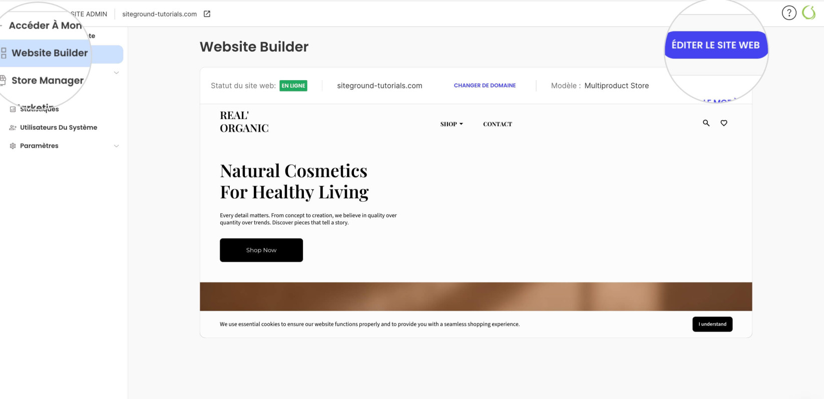 Bouton Éditer le site web dans l'Espace Admin