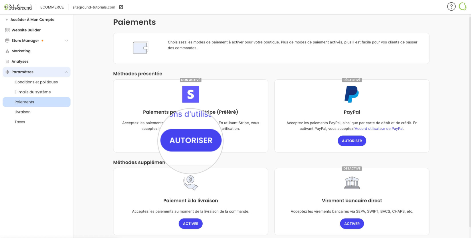 Bouton Autoriser pour connecter Stripe à SiteGround Ecommerce
