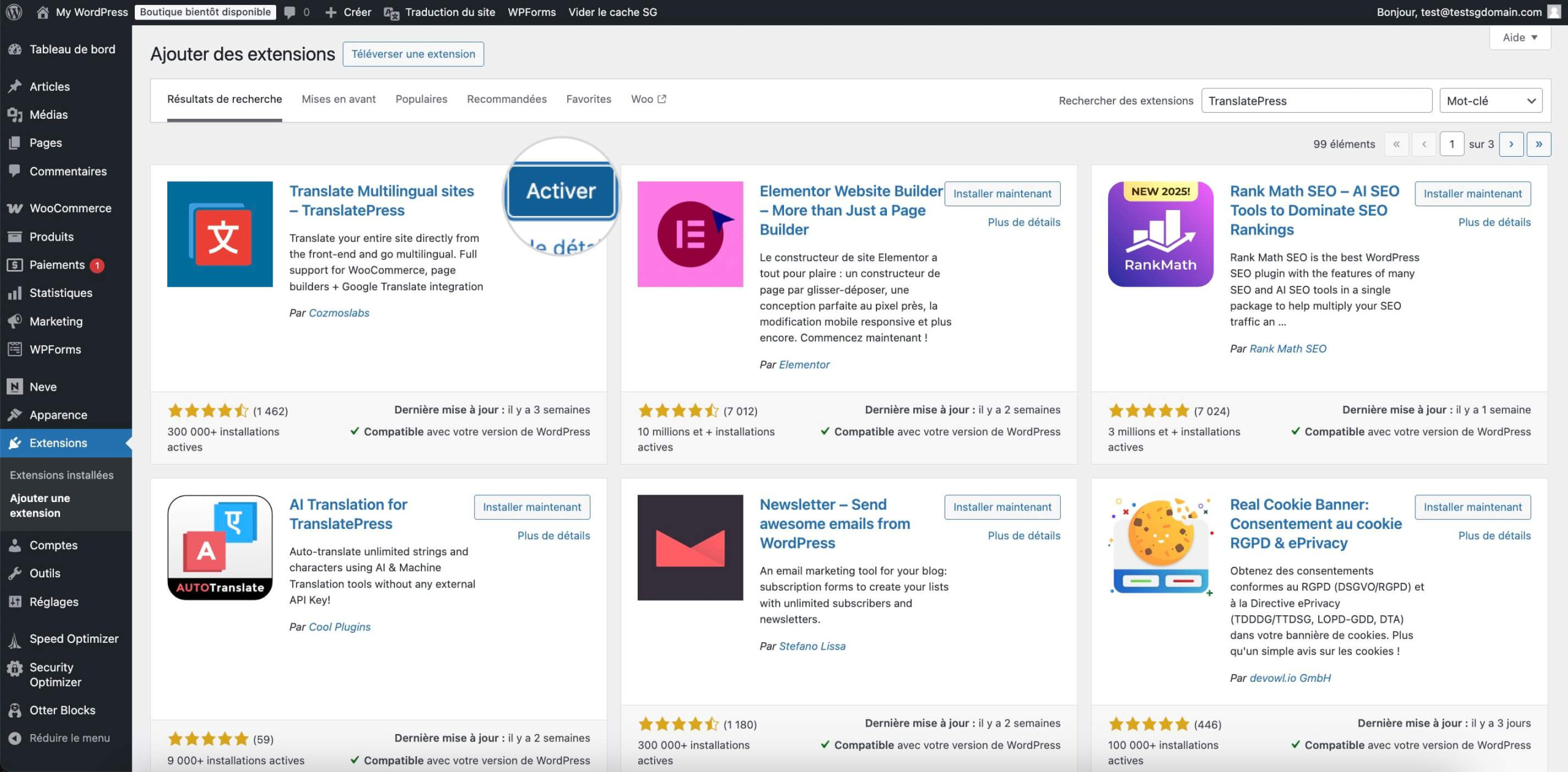 Activation du plugin TranslatePress pour configurer un site WordPress multilingue.