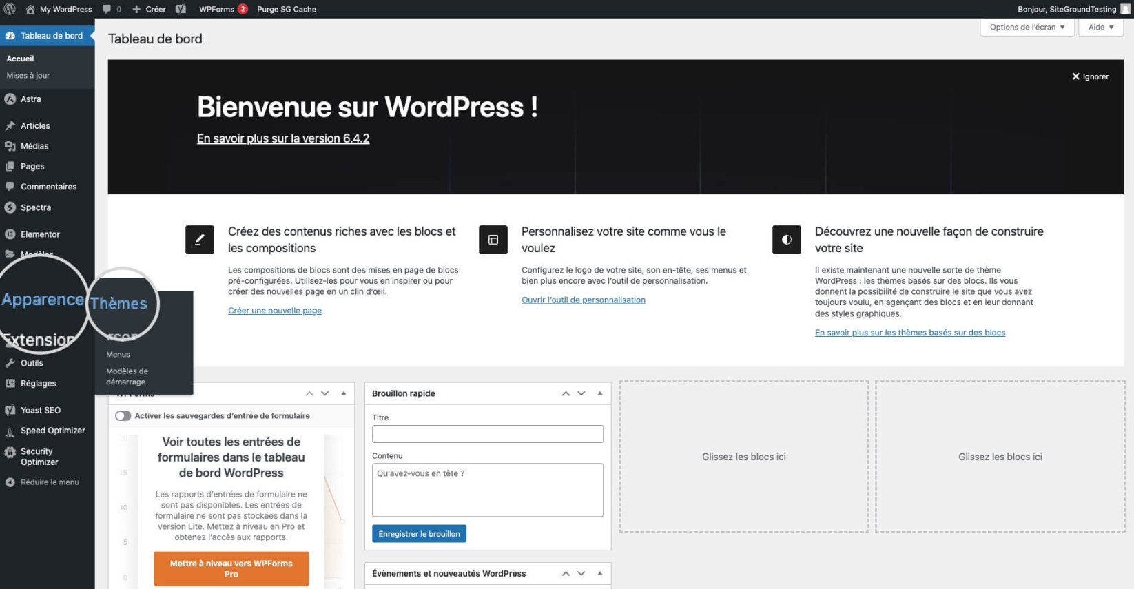 Capture d’écran du menu des thèmes d’apparence dans WordPress et activation d’un thème par défaut