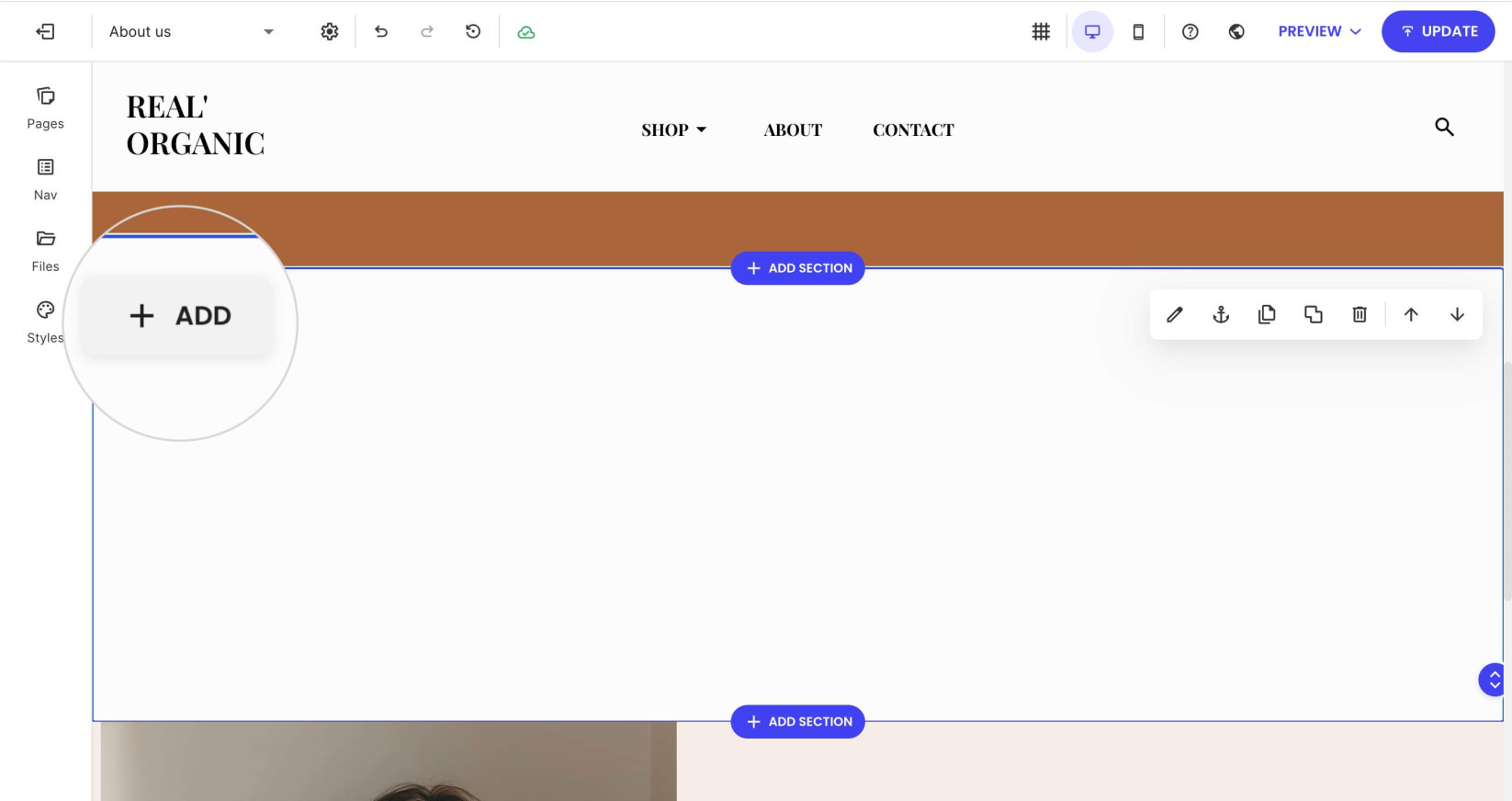 Selected page section with the Add button in the top-left corner for adding a new component