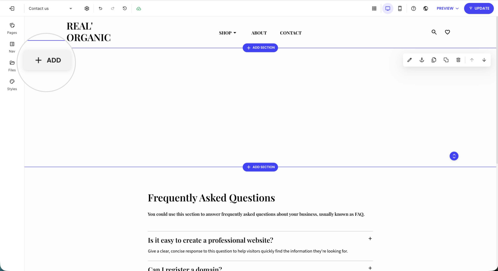 A selected section in Website Builder with a highighted Add button in the top-left corner for adding a component