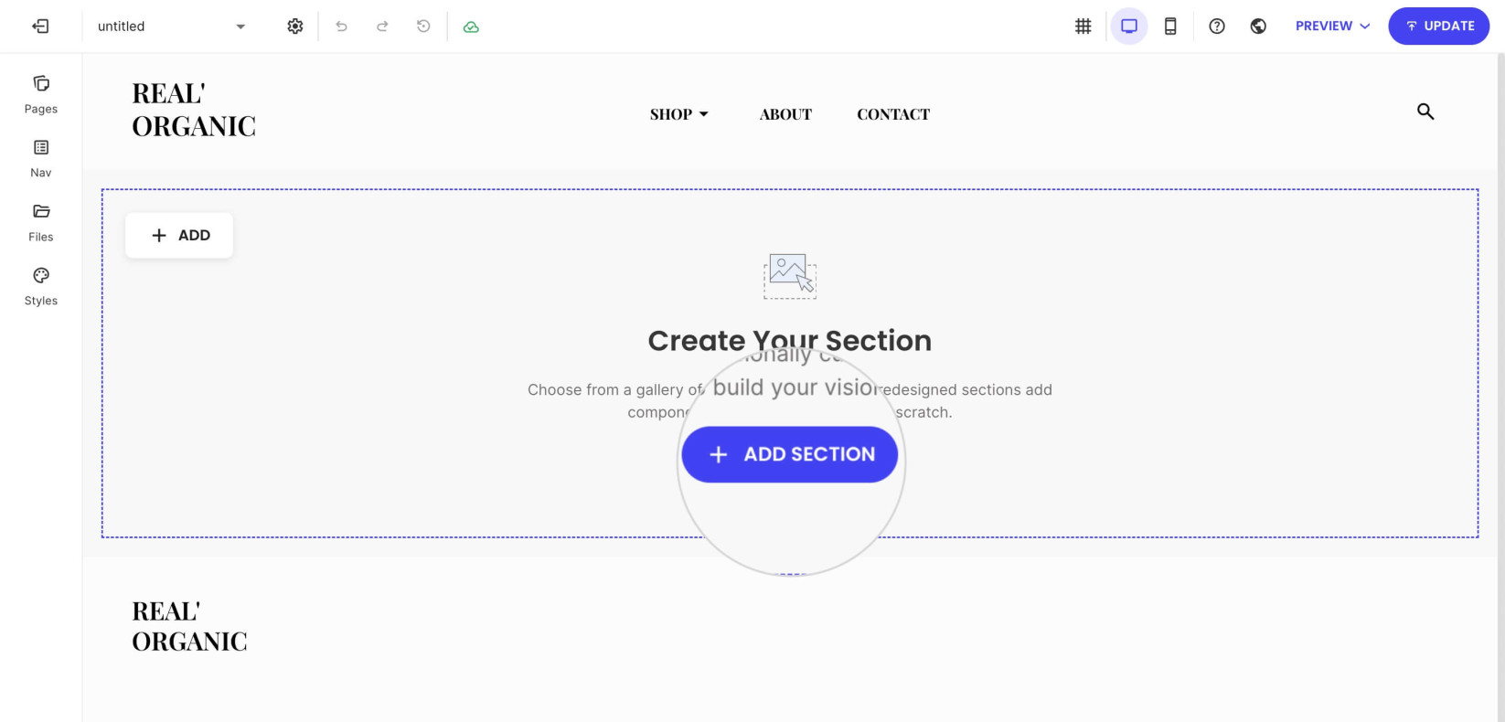 Add Section button for adding a new section to a page in Website Builder 