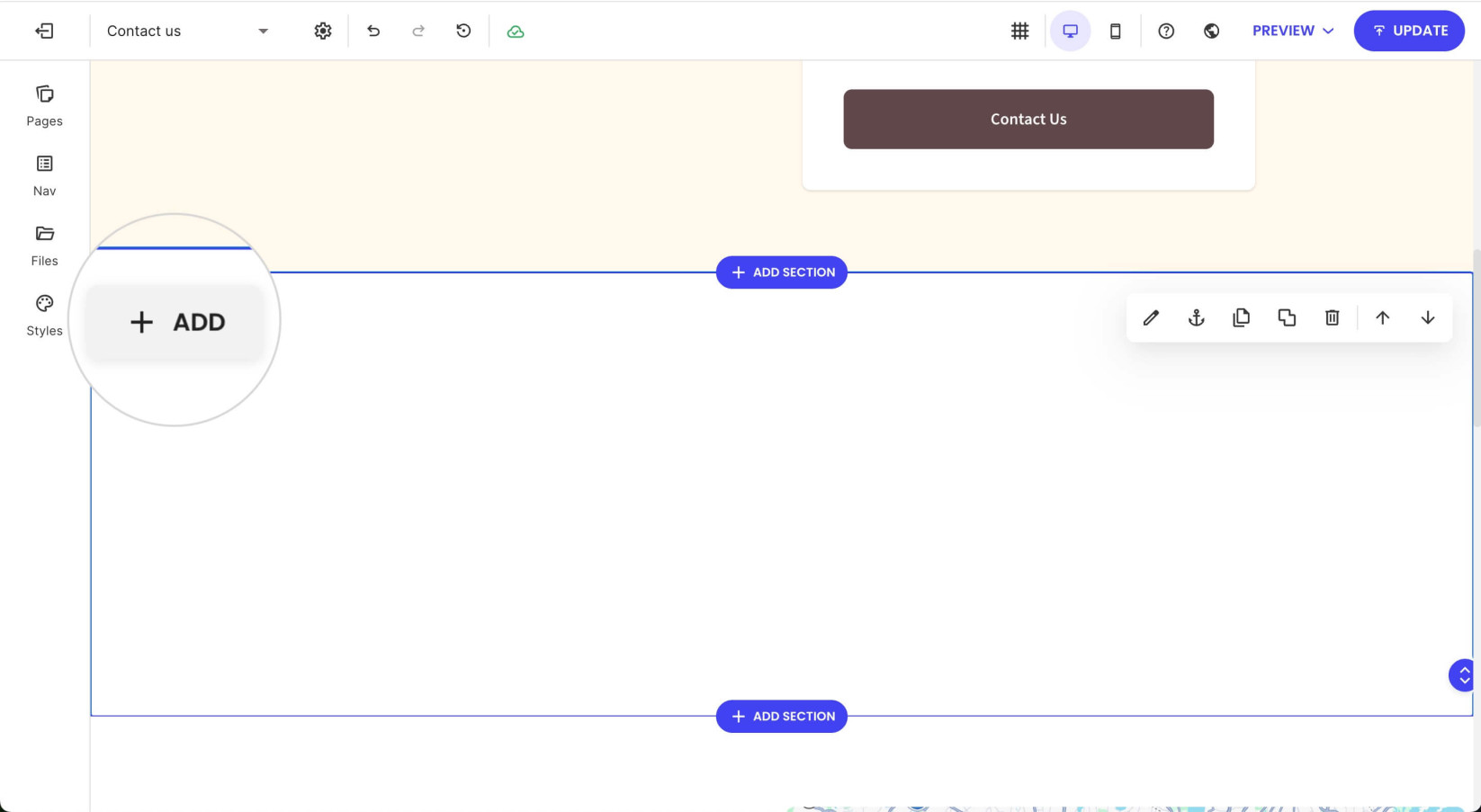 Selected section on a page in Website Builder displaying the Add button for adding a component