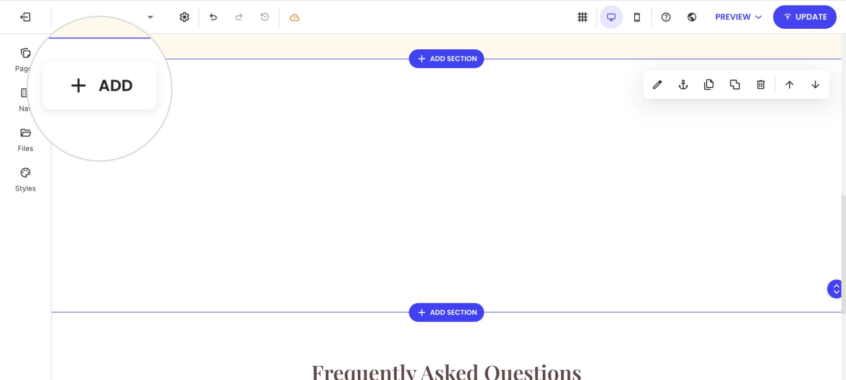 Selected page section in Website Builder with a highlighted Add button in the top-left corner for adding a new component