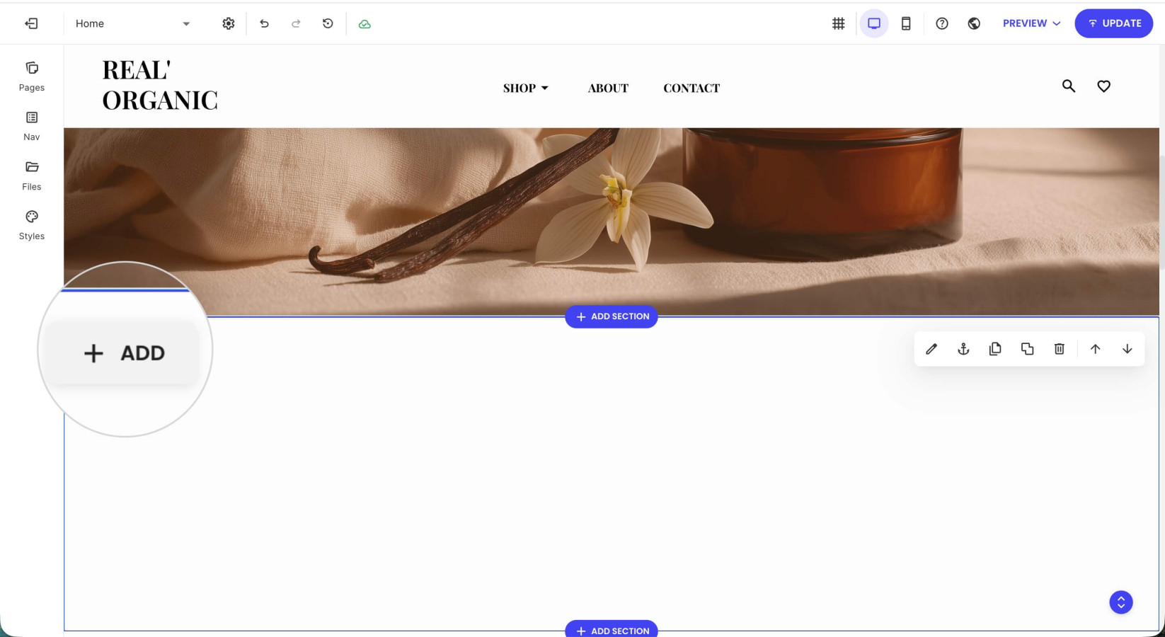 A section in a Website Builder page with a highlighted Add button for adding a component
