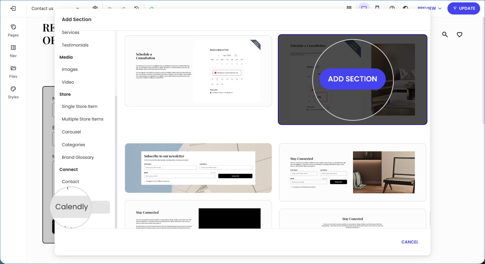 A pop-up window for adding a section with a selected Calendly section layout