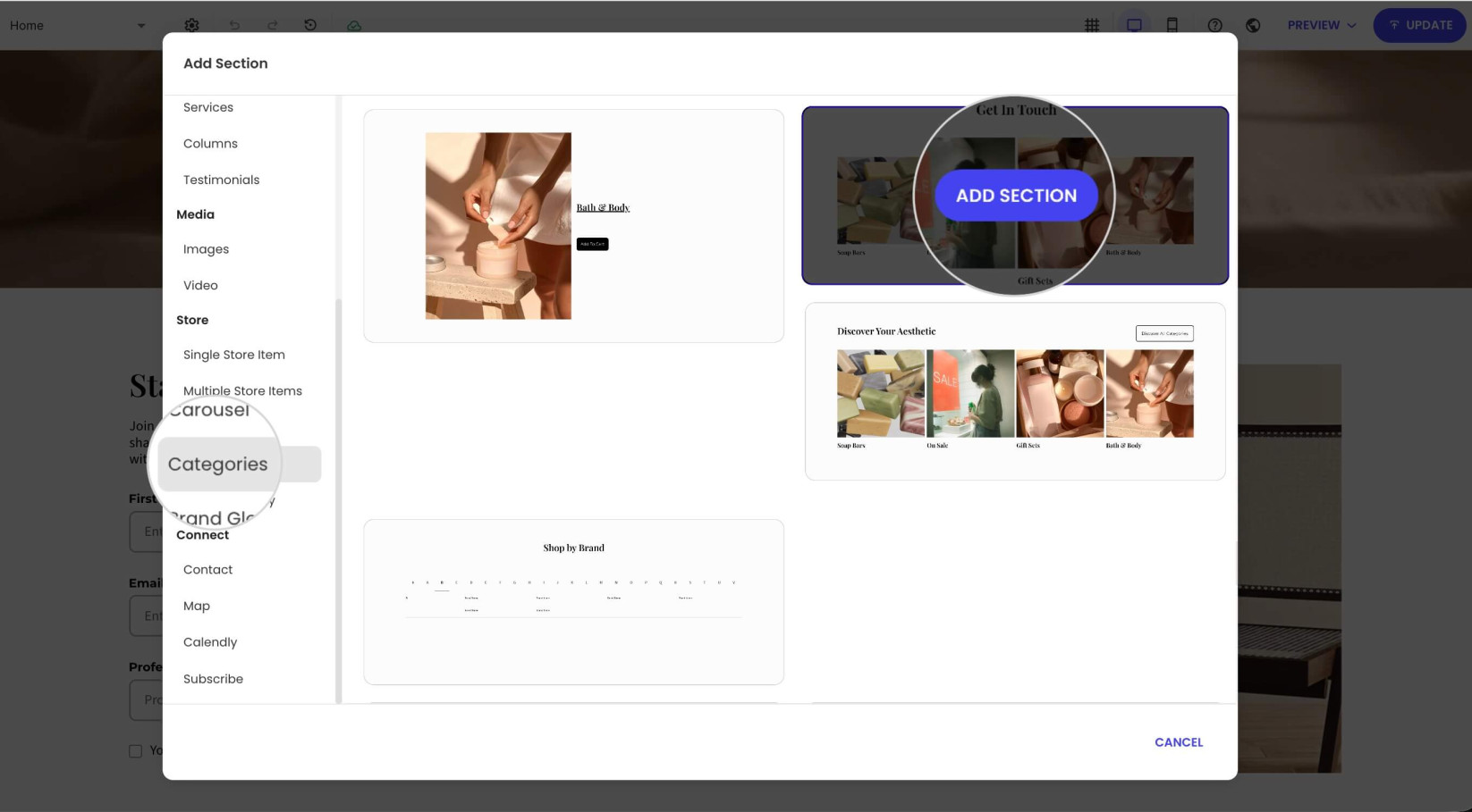A pop-up window in Ecommerce website builder with a selected Category section layout