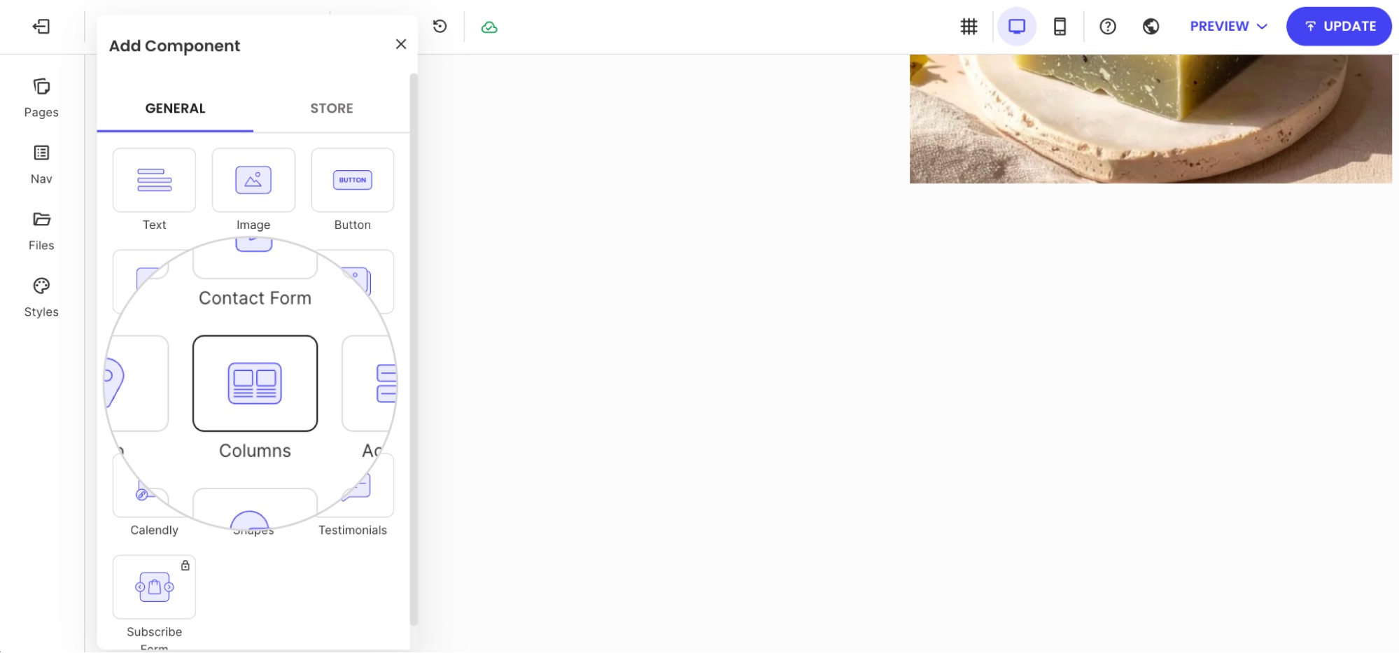Website builder “Add Component” panel highlighting the Columns element under the General tab.