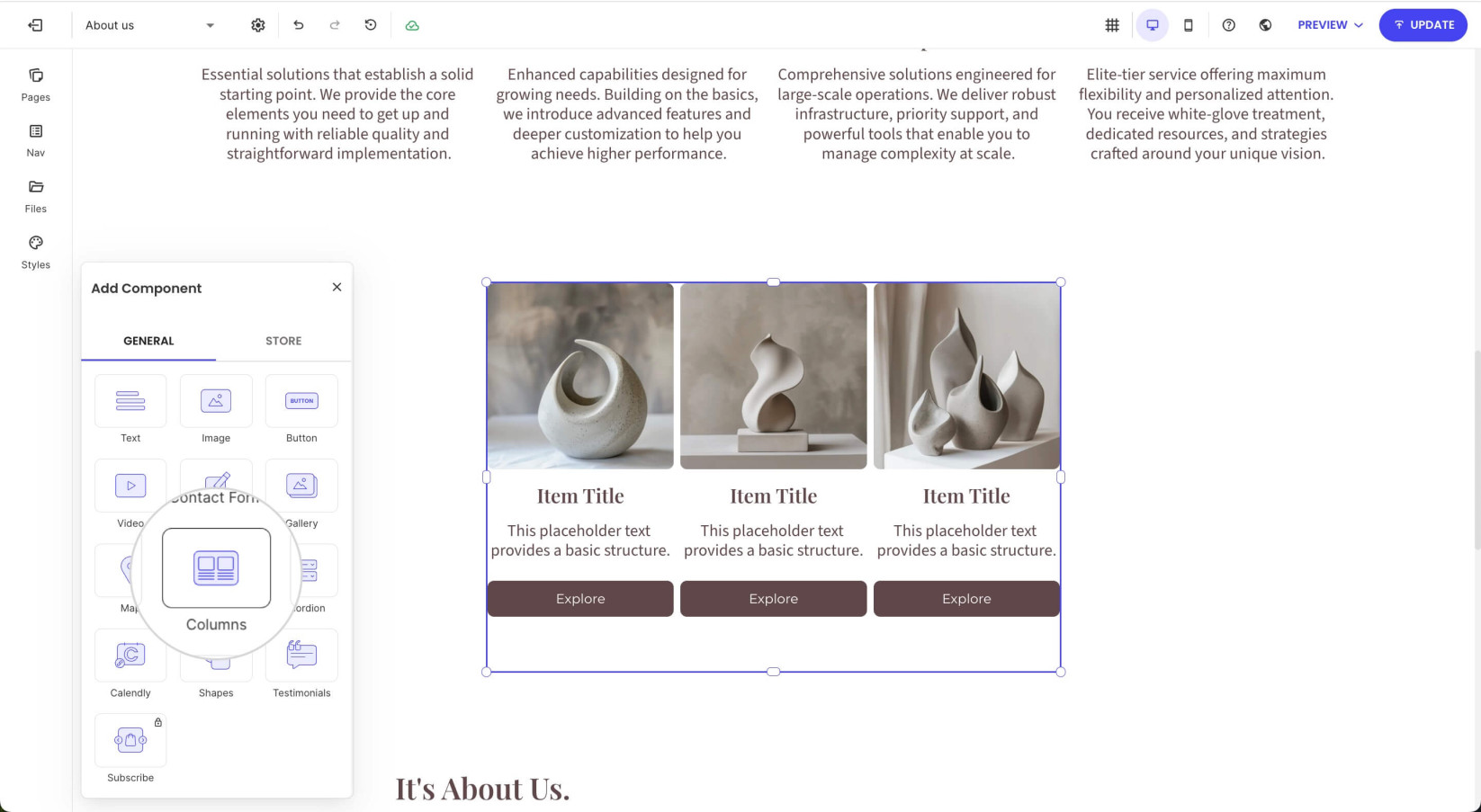 Add Component menu with a selected Columns componet that you can use to showcase services