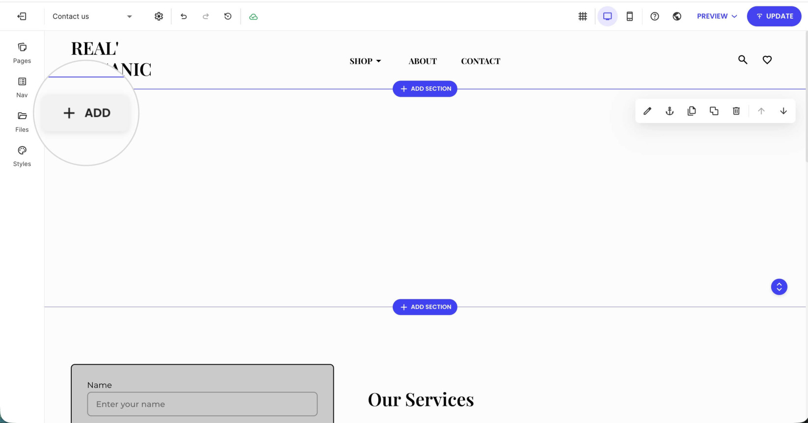 A Website Builder page with a selected section displaying the Add button for adding a component