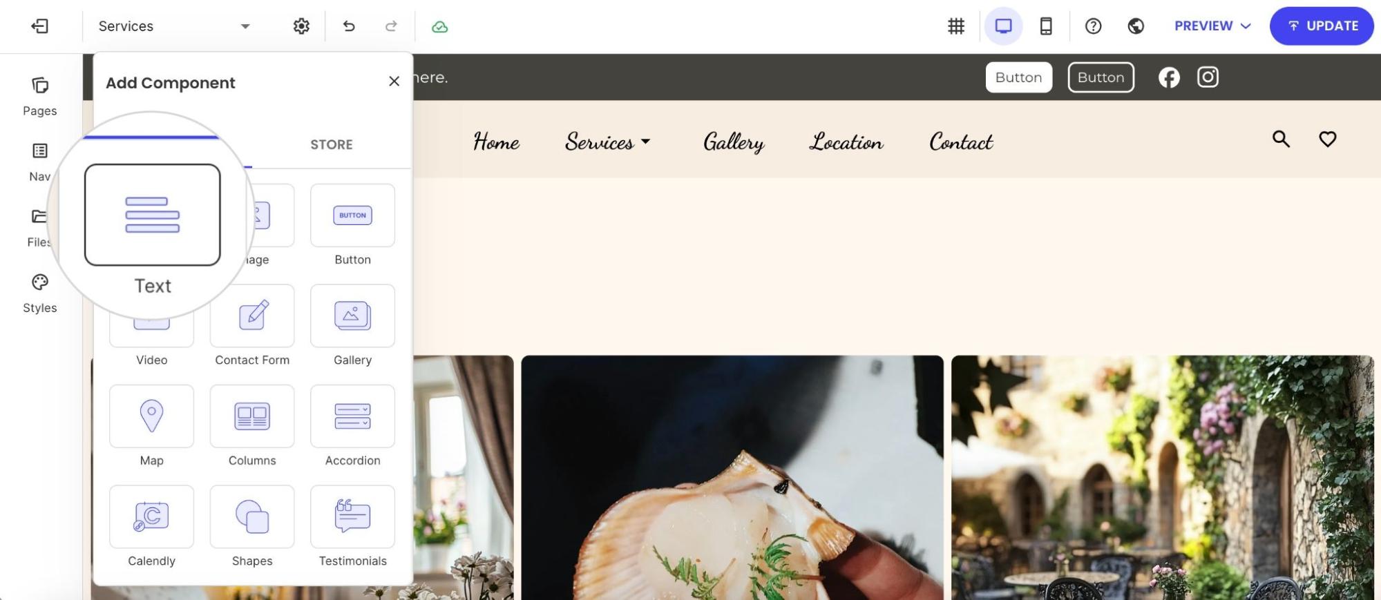 The Add Component menu with the Text element selected for placement on a page.