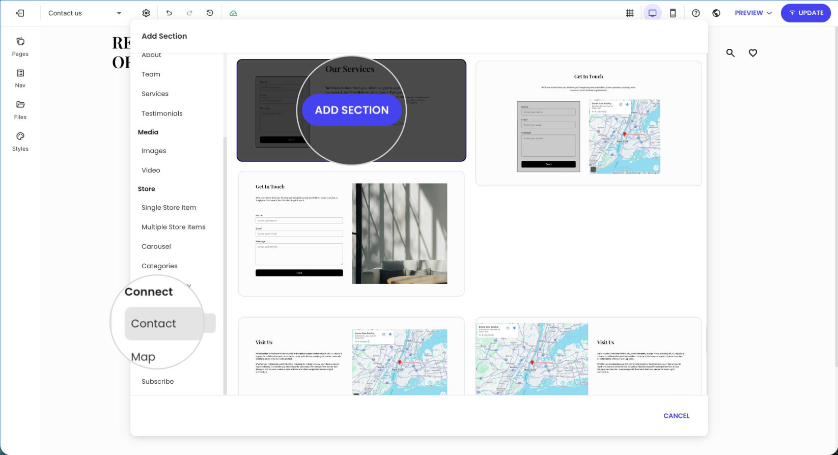 A pop-up window where you can choose a section layout with a selected contact form layout 