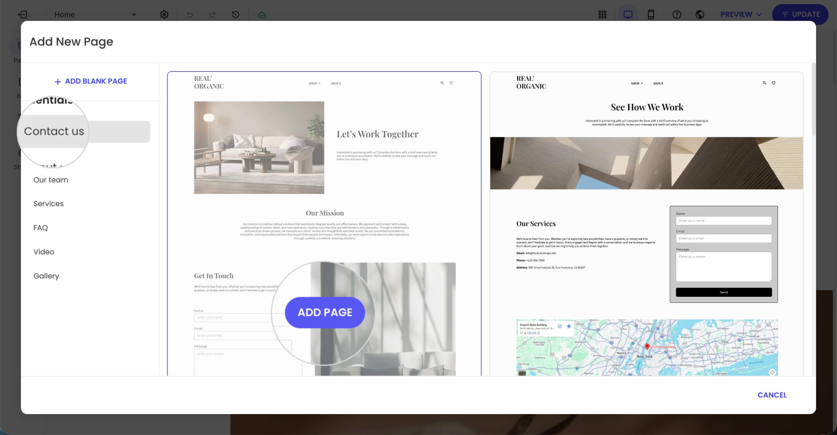 A pop-up window for creating a page in Website Builder with a selected Contact Us page layout