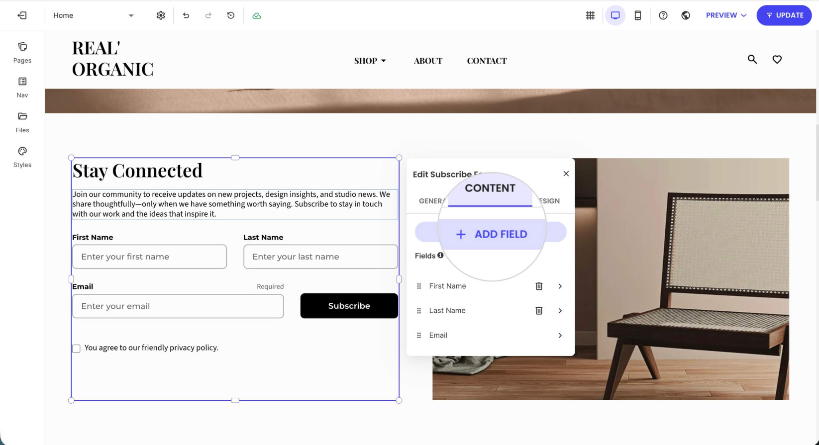 Content settings window of a subscription form with a highlighted Add Field button for adding a custom field