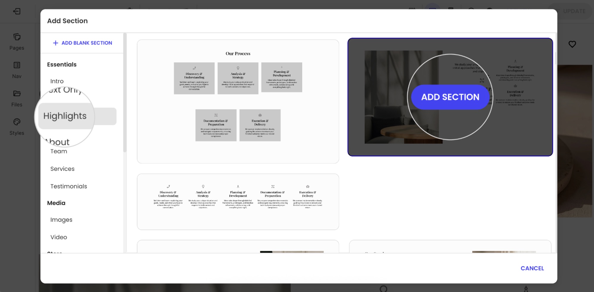 Add Section panel showing Highlights section selected in Website Builder