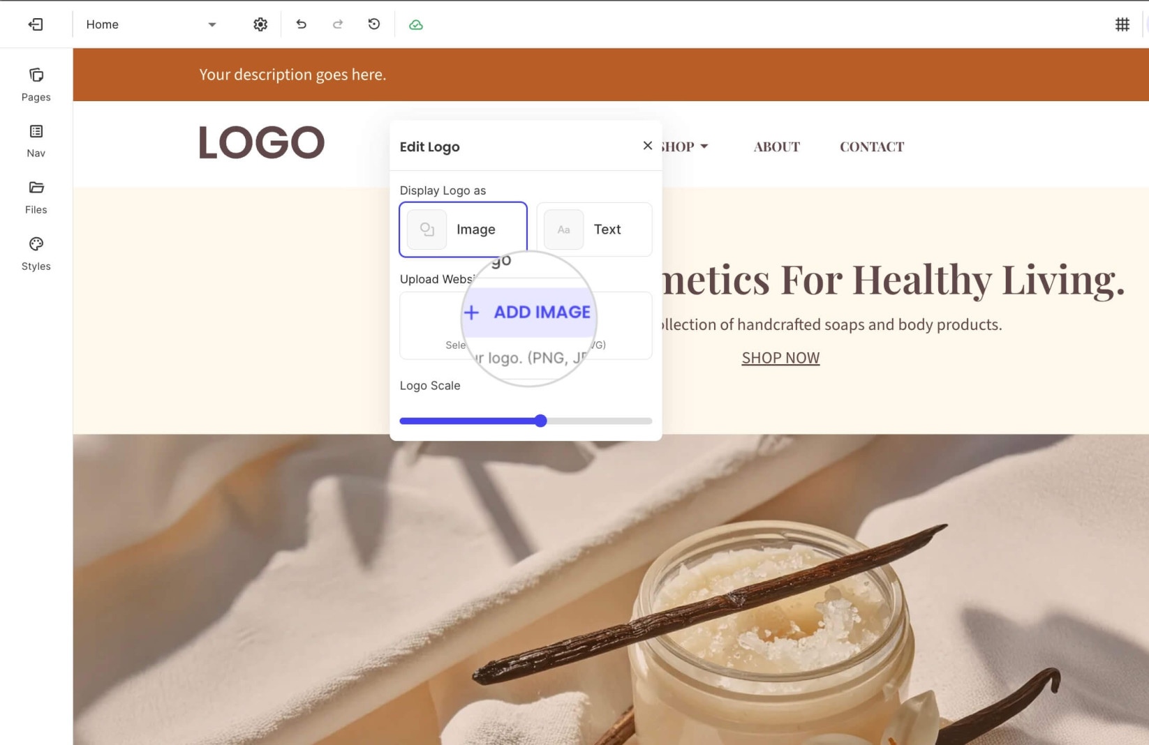 Logo setting window in Website Builder displaying the Add Image button 