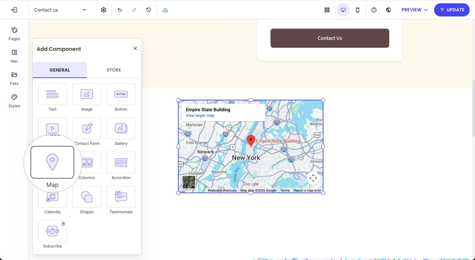Add Component menu on a page with a highlighted Map component
