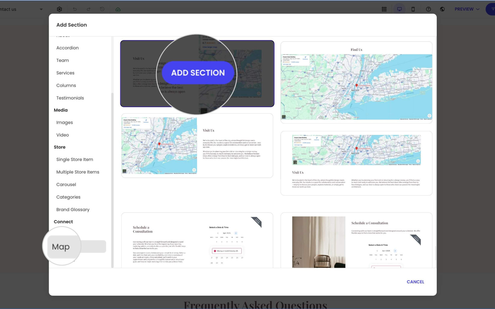 Add Section window with highlighted Map category and Add Section button for choosing a map layout