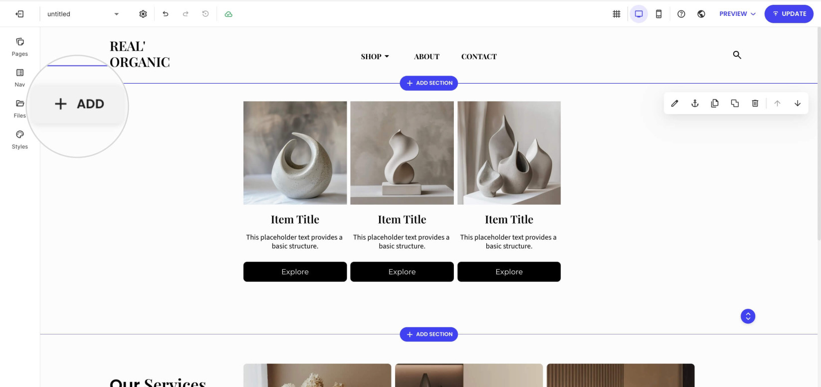 A page section in Website Builder with a highlighted Add button for adding more components to the section