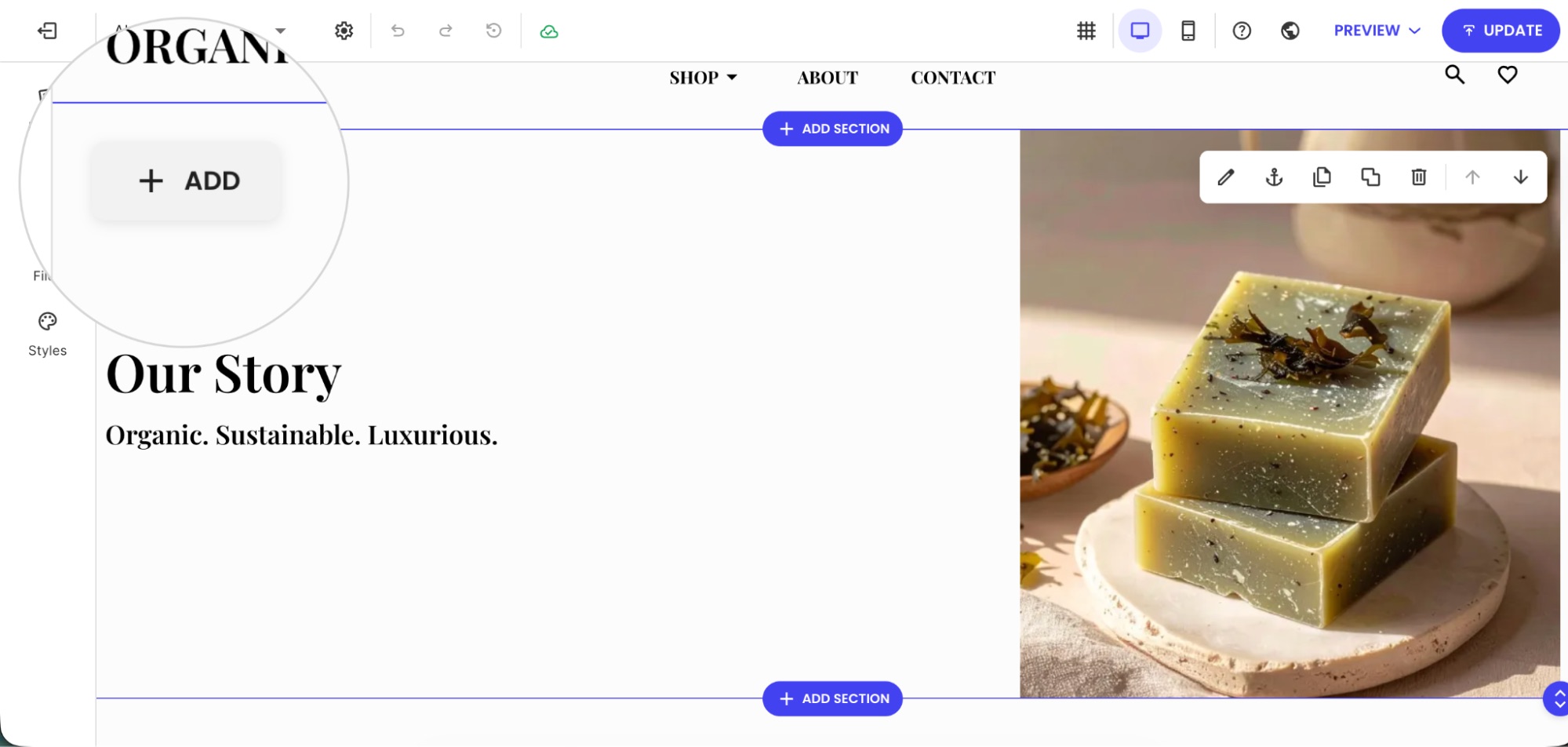 Website builder editor displaying an About Us section with an Add button highlighted for inserting new components.
