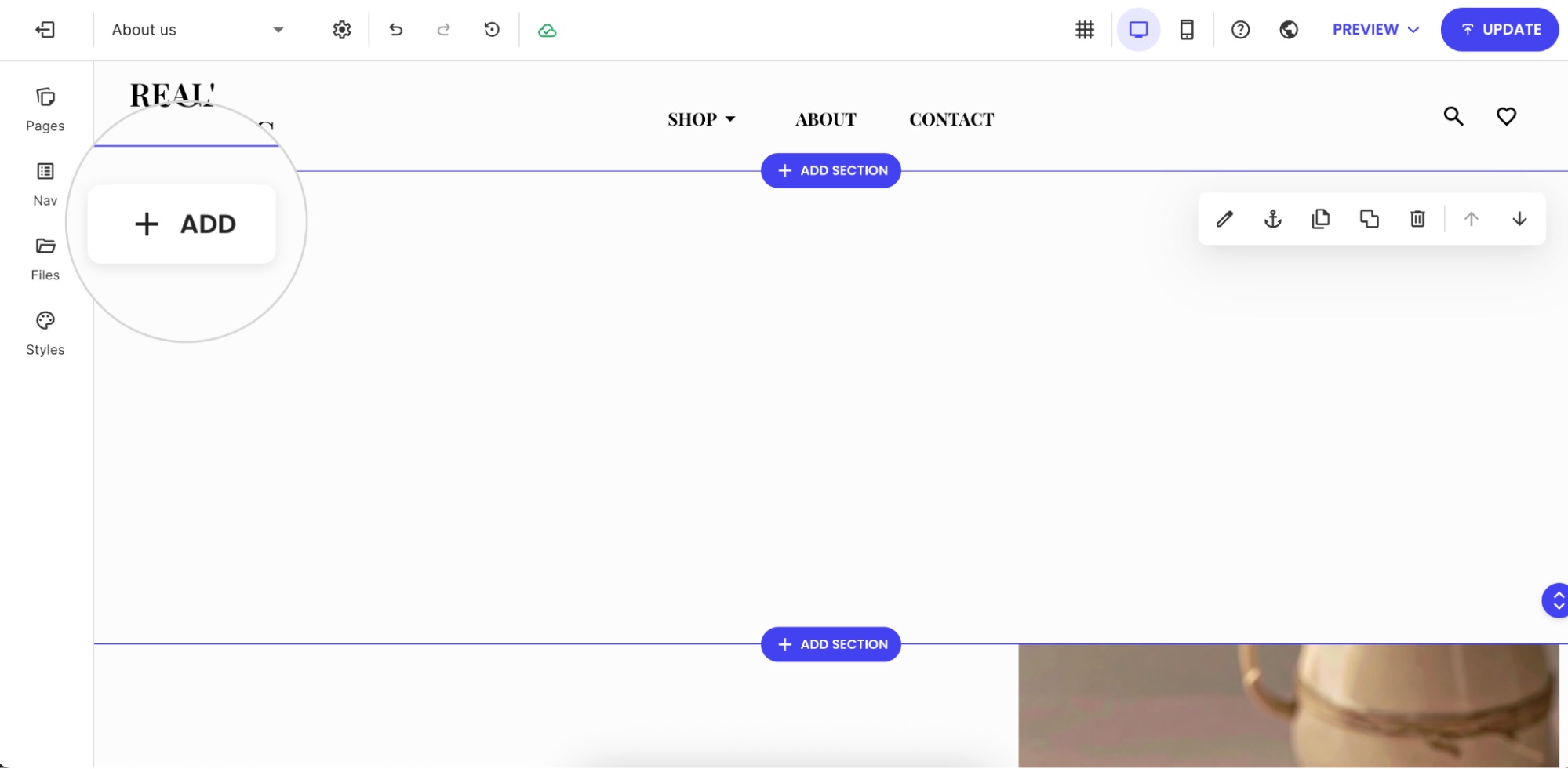 Website Builder editor interface with the Add button highlighted, used to insert new components such as text, images, or videos into the page layout