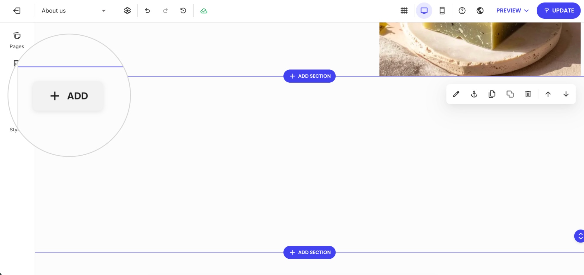 Add button for inserting a new component in the Website Builder editor