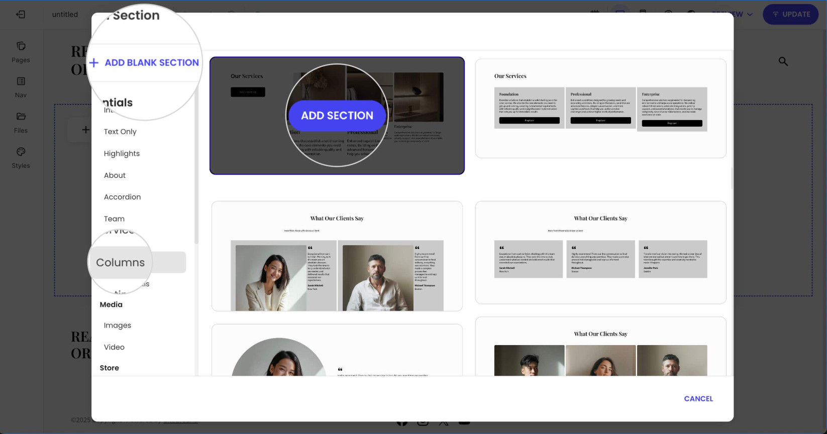 A pop-up window for adding a section highlighting a selected category and the Add Section button for choosing a section layout