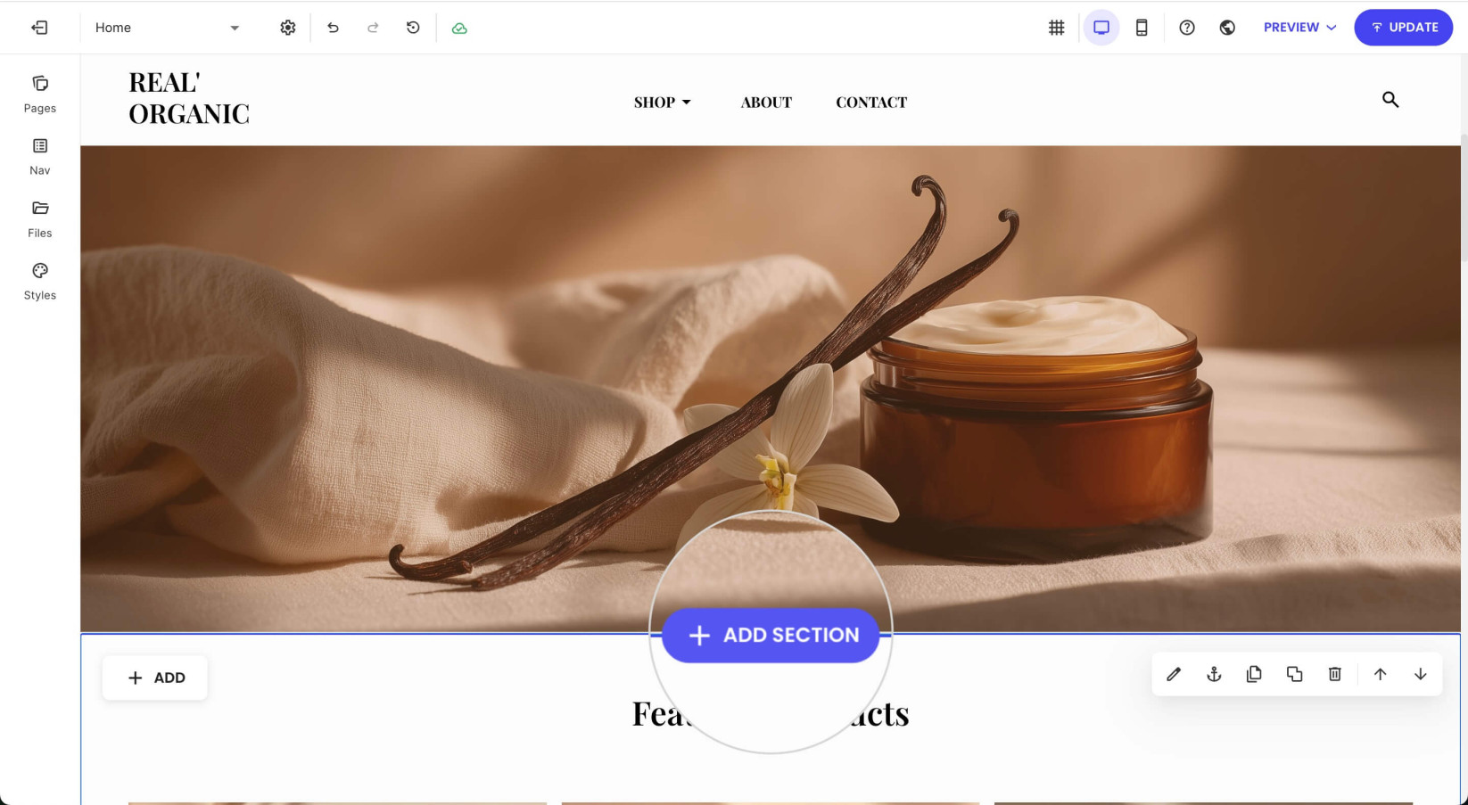Selected page in the website builder of Ecommerce where an Add Section button is selected