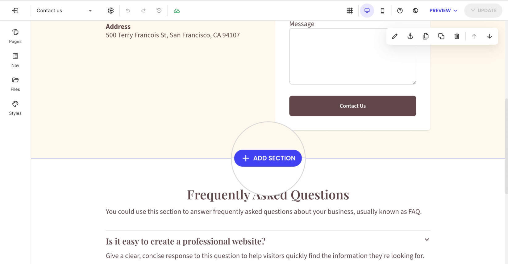 Page in Website Builder displaying the Add Section button
