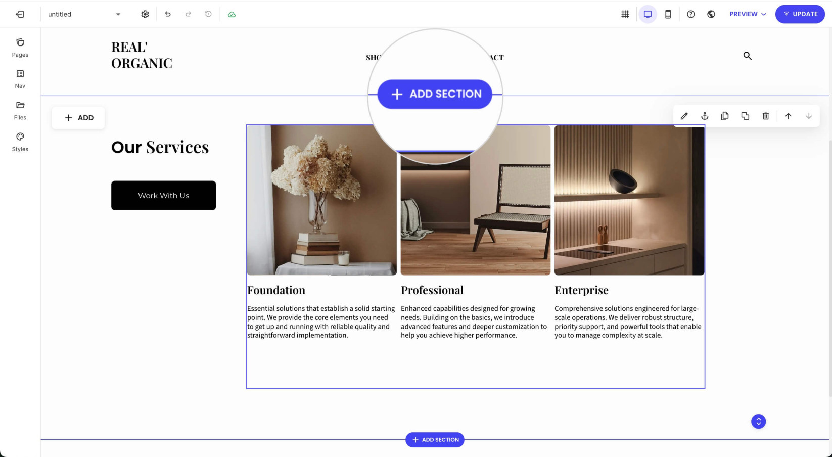 An Add Section button on a page in Website Builder for adding a new section